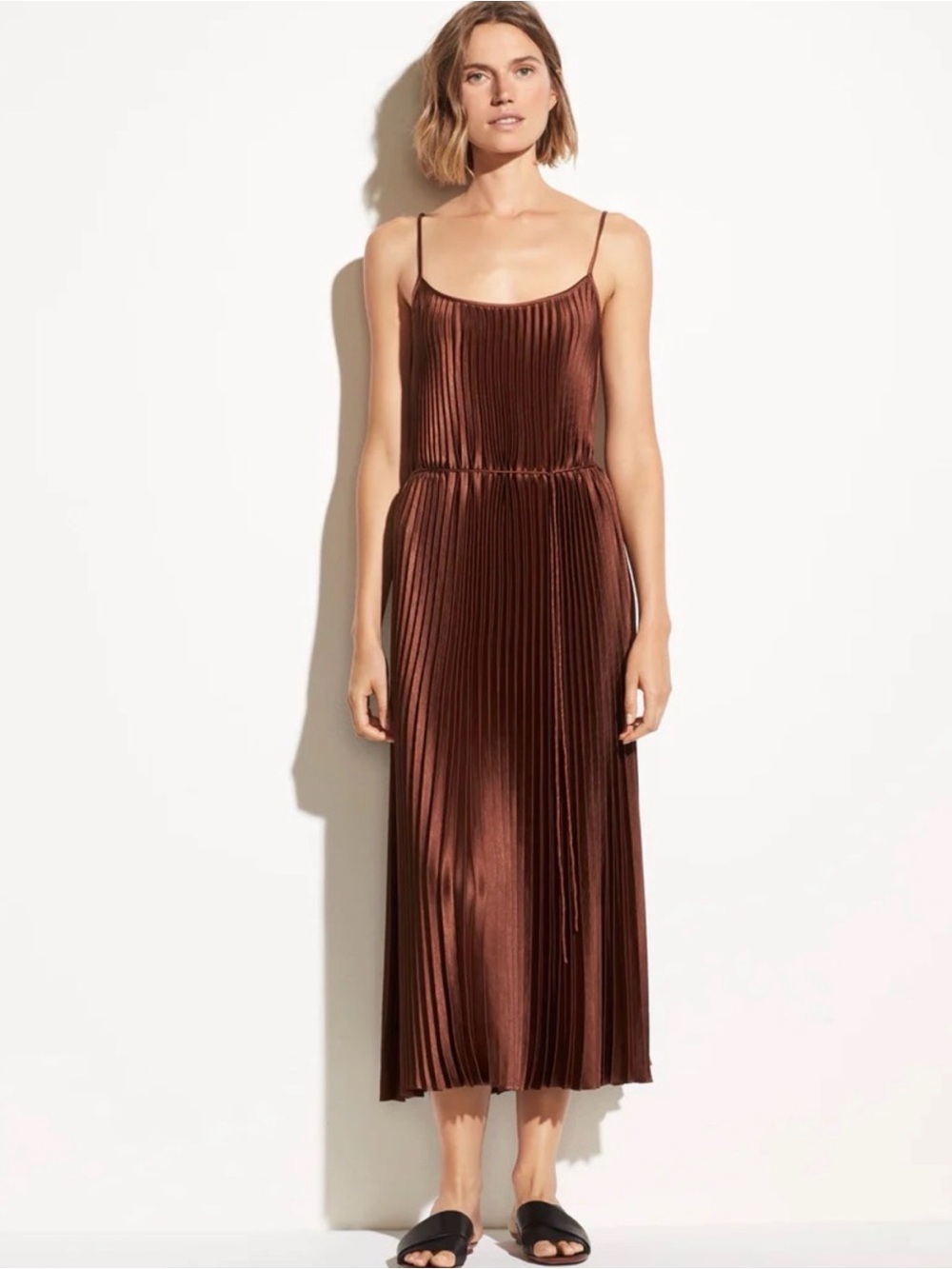 Vince Bronze Pleated Spaghetti-Strap Midi Dress
